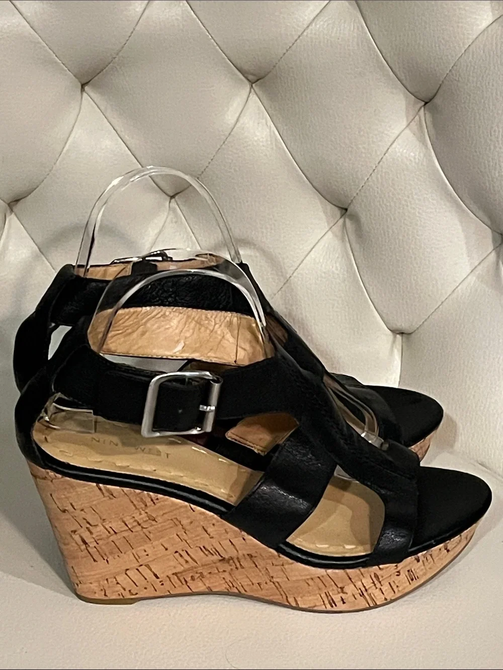 Nine West Black Leather Cork Wedge Sandals Size 8